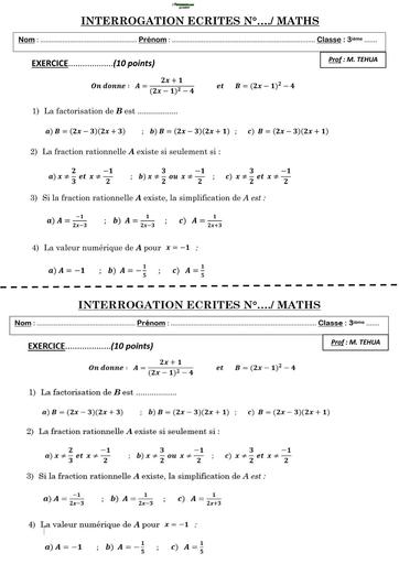 Interogation écrite N°2 MATHS niveau 3ième CALCUL LITTERAL BY TEHUA