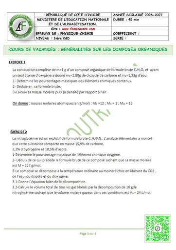 FICHE 1 CHIMIE GENERALITES SUR LES COMPOSES ORGANIQUES 1Ière C&D BY TEHUA