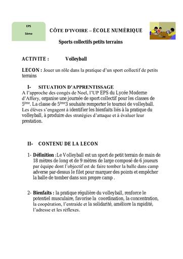 5ème EPS Léçon 11 Jouer un rôle dans la pratique dun sport collectif de petits terrains