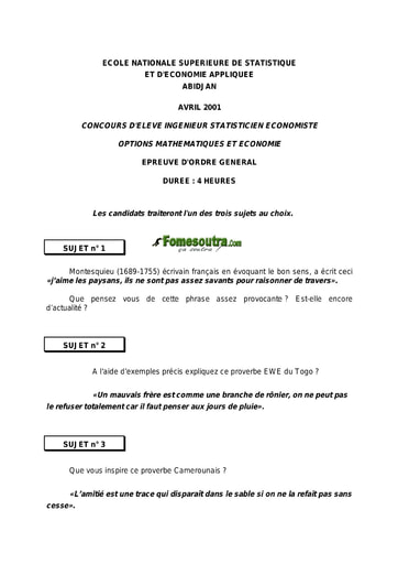 Sujet d'ordre générale ISE option Maths 2001 (ENSEA)