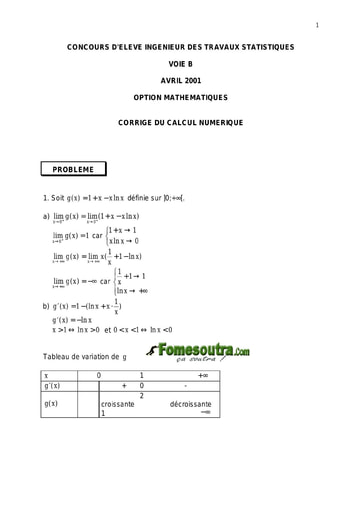 Corrigé Calcul numérique ITS B option Maths 2001 (ENSEA)