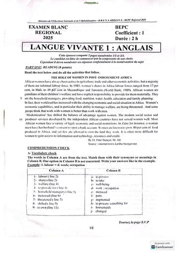 Bepc blanc régional 2025 dren Abidjan 4 ANGLAIS SUJET BY TEHUA
