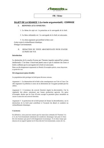 COURS DE VACANCE FR 3ieme CORRIGE SUJET 1 (Le texte argumentatif) BY TEHUA