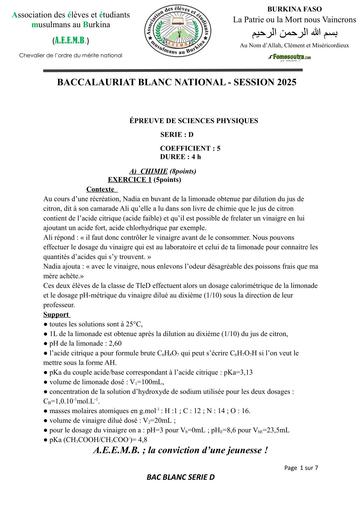 BAC BLANC 2025 SERIE D BLANC PC A E E M B BURKINA FASO BY TEHUA