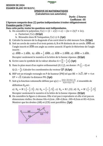 BEPC blanc MATHS 2023 2024 by TEHUA