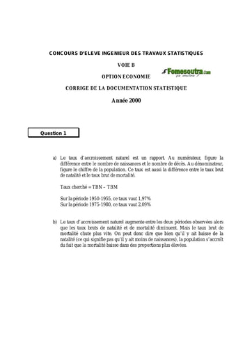 Corrigé Analyse d'une Documentation Statistique ITS B option Economie 2000 (ENSEA)