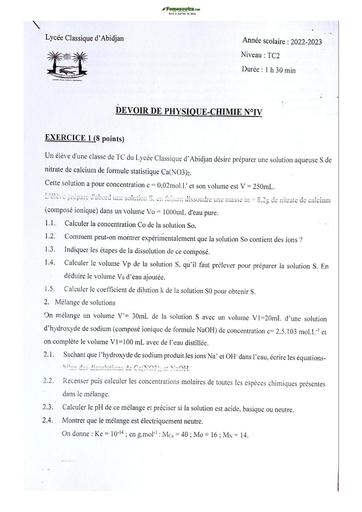 Sujets de Physique-Chimie Terminale C Lycée Classique 2023