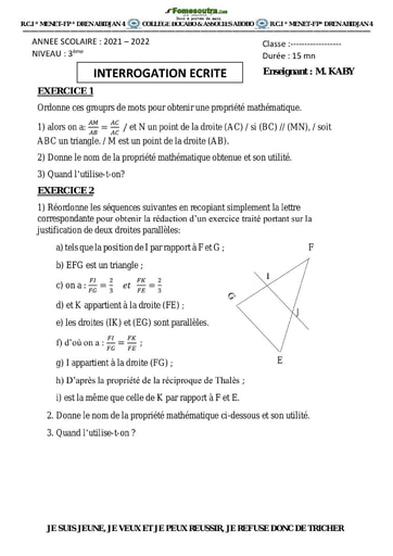 Devoir de Mathématiques Niveau Troisième