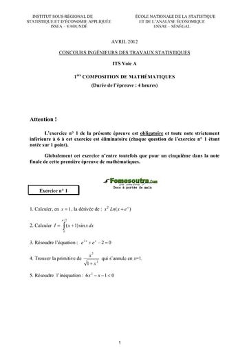 Sujet 1ère épreuve de maths ITS A 2012 (ENSAE - ISSEA)