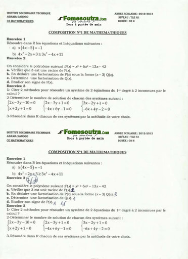 Sujet de Maths BAC G1 ADAMA SANOGO 2013