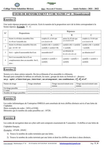 COURS DE RENFO N° 1 Maths Dénombrement niveau 1iere D by Tehua