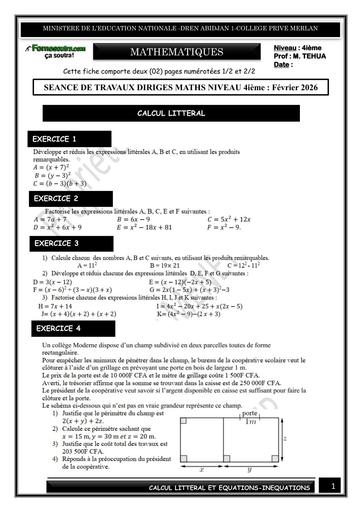 SEANCE DE TRAVAUX DIRIGES MATHS NIVEAU 4ième CALCUL LITTERAL  ET RESOLUTION D'EQUATIONS ET INEQUATIONS by TEHUA