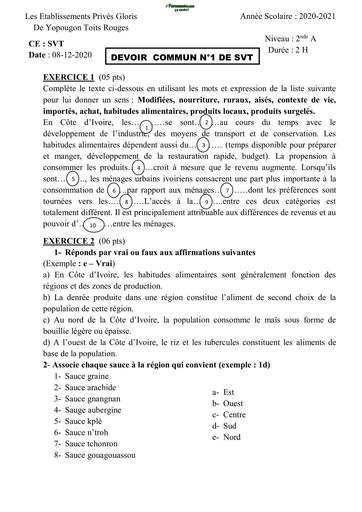 Sujet 2nde A DEVOIR SVT 2nde A Collège Privé Gloris de Yopougon (ALIMEN) By Tehua T