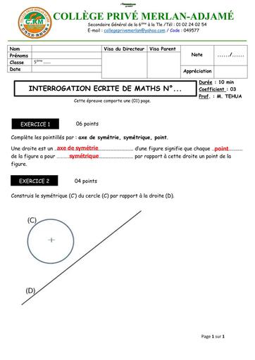 INTERROGATION ECRITE N°3 MATHS NIVEAU 5ième (FIGURES SYMÉTRIQUES PAR RAPPORT À UNE DROITE) BAREME BY TEHUA
