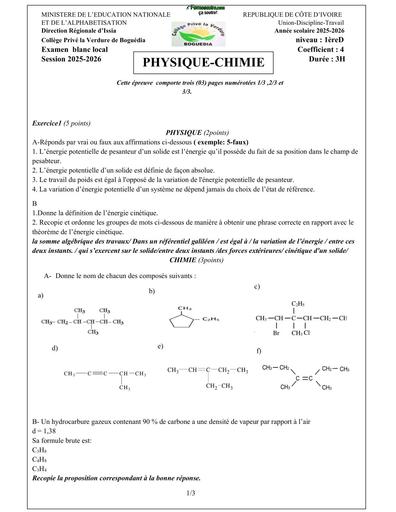 EXAMEN BLANC LOCAL BAC 2026 PC 1ière D DREN ISSIA BY TEHUA