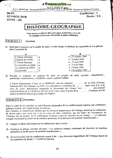 Sujet corrigé et barème d'Histoire et Géographie BEPC 2018 Zone 3