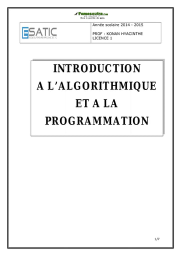 Algorithmique et programmation: Instructions élémentaires - Licence 1 ESATIC