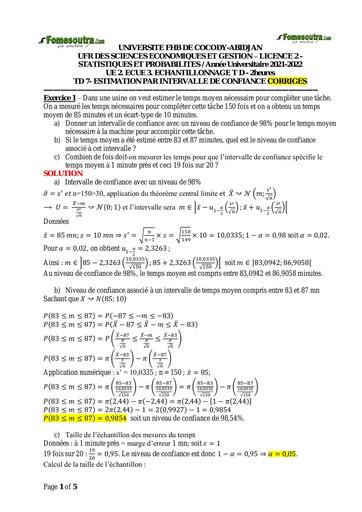 UFHB de Cocody (Echantionnage) L2 CORRECTIONS TD7 2021 2022 by TEHUA
