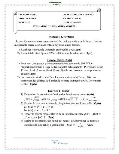 DEVOIR DE MATHS 2nde A N°4 LYCEE DE WONA 2021 BY TEHUA