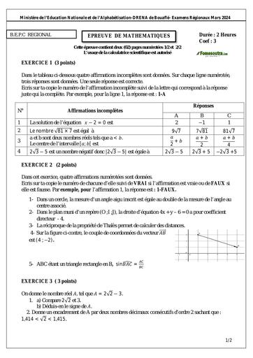 Sujet 2024 BEPC blanc Maths dren Bouaflé by Tehua