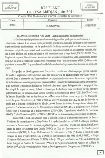 Sujet d'Economie BTS blanc Filière FCGE - CESA Koumassi 2014