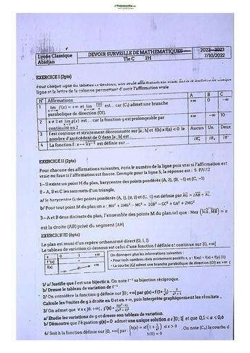 Sujets de Mathématique série C Lycée Classique d'Abidjan  2023