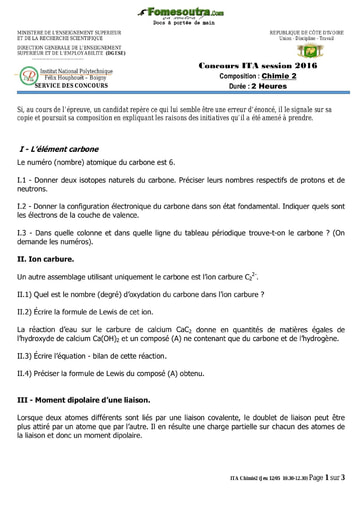 Sujet de Chimie 2 concours ITA 2016