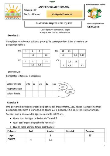 SUJET PARTIEL MATHS 1BT MATHS APPLIQUEES