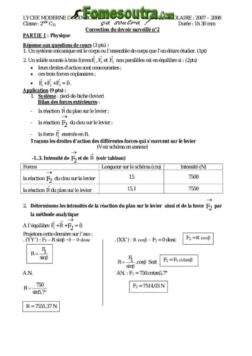 Corrigé Devoir 2 de Physique-Chimie niveau 2nd C