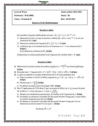 DEVOIR DE MATHS Tle D N°4 LYCEE DE WONA 2022 BY TEHUA