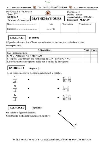 DEVOIR DE MATHS NIVEAU 5ième COLLEGE ST MOISE 2022 BY TEHUA