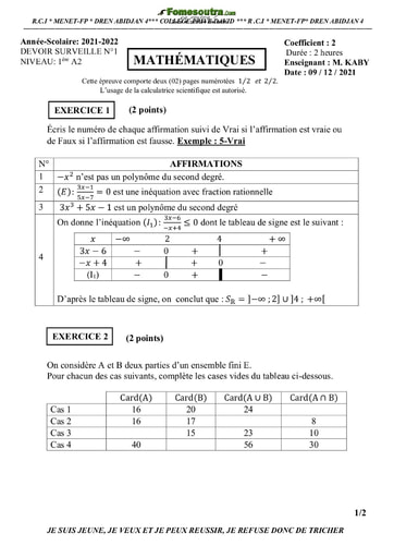 Devoir surveillé 1ereA MATHS