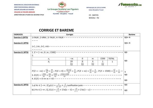 DEVOIR DE NIVEAU MATHS Tle D GS LES FIGUIERS TRIMESTRE 2 DU 13 Janvier 2025 BAREME by TEHUA