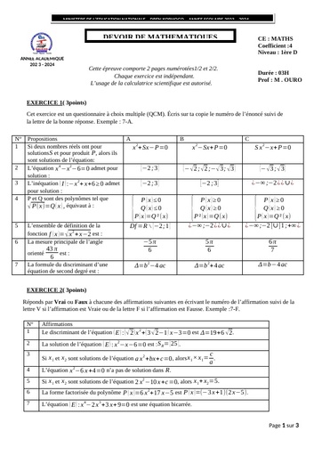 DEVOIR MATHS 1iere D N°2 by Tehua word