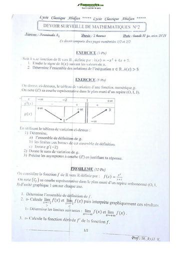 Sujet de Mathématiques Terminale A2 Lycée Classique Abidjan 2021