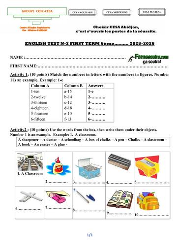 DEVOIR N°2 D'ANGLAIS 6ème T1 by TEHUA