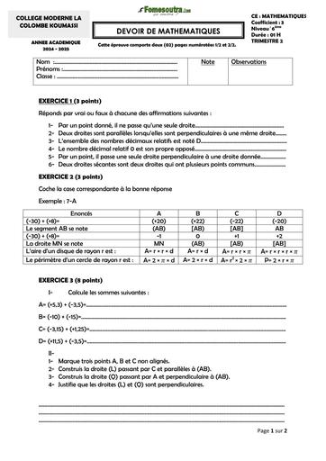 Devoir de MATHEMATIQUES 6ieme Trimestre 2 by Tehua