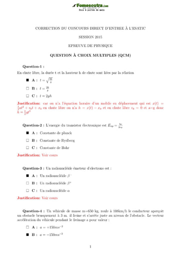 Sujet corrigé de Physique concours direct d’entrée à l'ESATIC session 2015