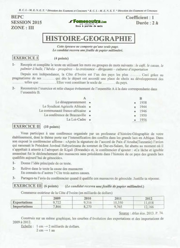 Sujet d'Histoire Geo BEPC 2015 Zone 3