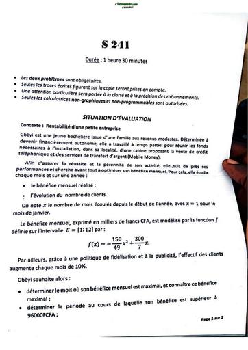 BAC 2026 Maths série D sujet Bénin By TEHUA