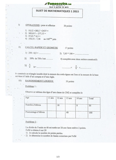 Sujet et corrigé de Mathématiques concours d’entrée à l'EMPT Bingerville 2015 (1)