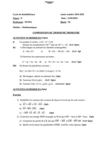 DEVOIR DE MATHS NIVEAU 4ième N°1 TRIMESTRE 2 LYCEE DE KAYA 2025 BY TEHUA
