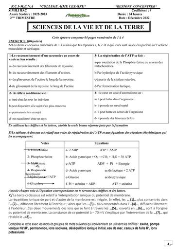 BAC BLANC SIMILI Collège aimé cesaire SVT by Tehua