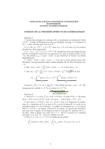 Corrigé 1ère épreuve de maths ITS B option Maths 2006 (ENSEA)