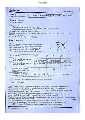 Sujets de Physique-Chimie Terminale C Lycée Classique 22-23