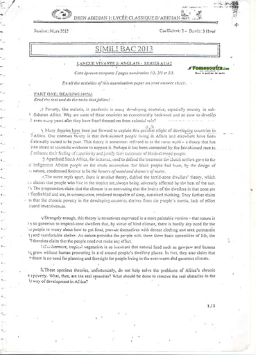 Sujet d'Anglais LV2 BAC blancs 2013 A1 et A2 Lycée Classique d'Abidjan