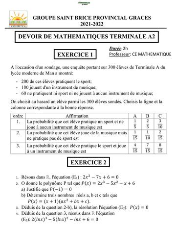 DEVOIR DE NIVEAU MATHS Tle A2 TRIMESTRE 2 PROVINCIAL 2022 BY TEHUA