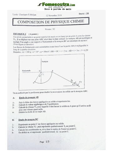 Sujet de Physique-Chimie Terminale C Lycée Classique Abidjan 2019