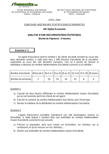 Sujet Analyse d'une documentation statistique ISE option économie 2004 (ENSEA - ISSEA)