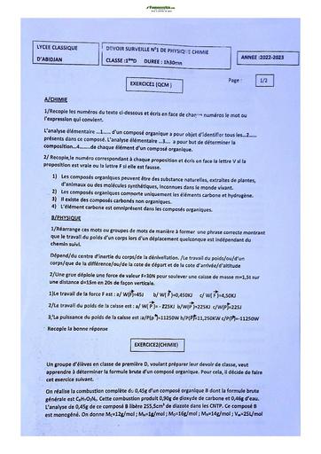 Sujet de Physique-Chimie Niveau Première D Lycée Classique Abidjan 2022-2023